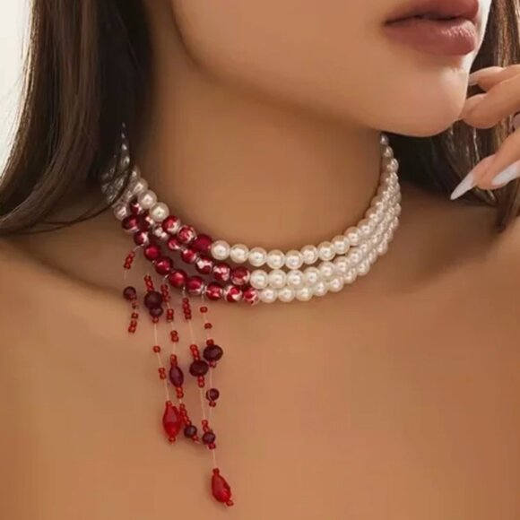Dracula Red blood Pearl Scarlet Crystal Choker Necklace - Picture 1 of 4